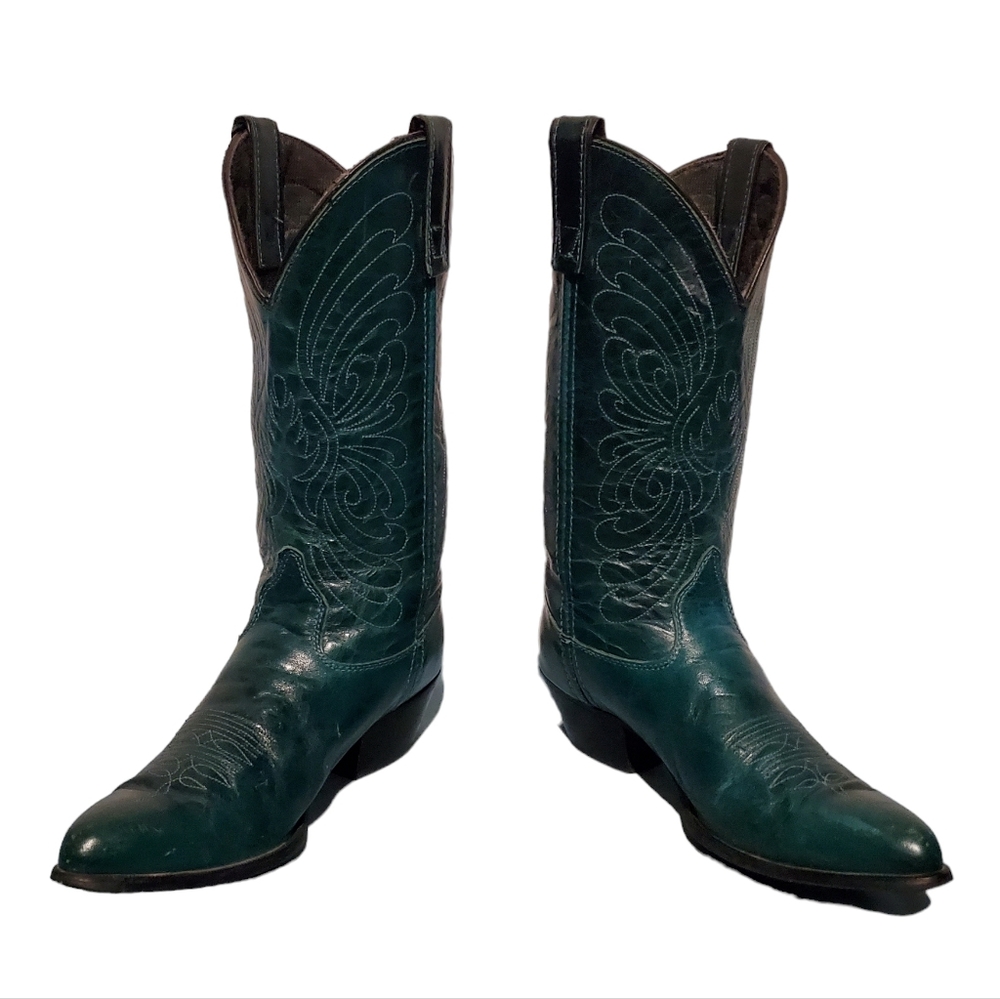 Vintage Green Leather Cowboy Western Boots Women's Size 7.5M, Made In U.S.A. - Picture 6 of 11